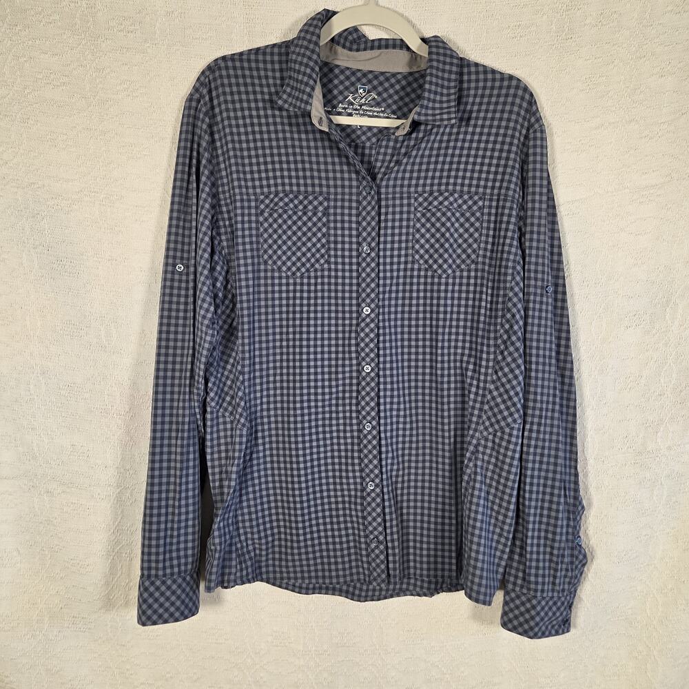 Kuhl Men's Button Up Shirt‎ L Blue Gray Check Plaid Hiking Outdoor Lightweight